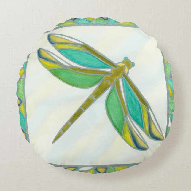 Luminous Pastel Dragonfly by Vanna Lam Round Cushion (Front)