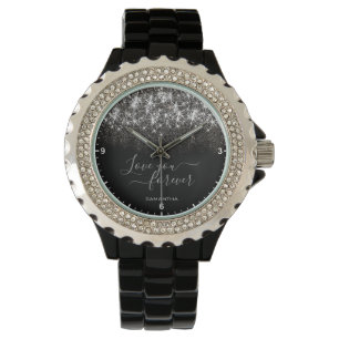 Luminous Platinum Silver Glitter Elegant Name Text Watch