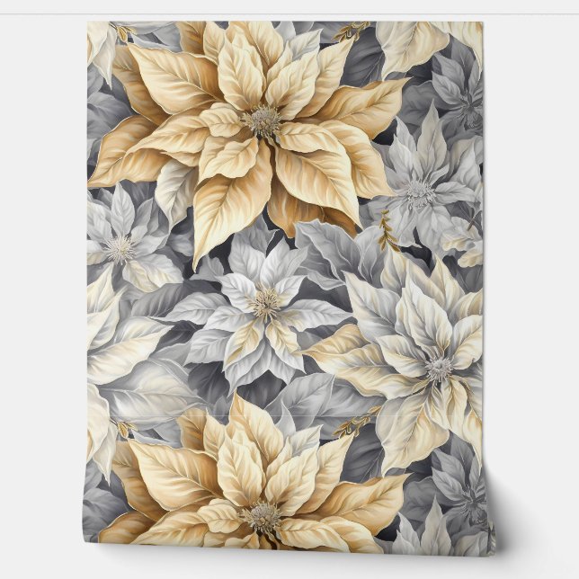 Luminous Poinsettia Splendour Botanical Wallpaper (Unrolling)