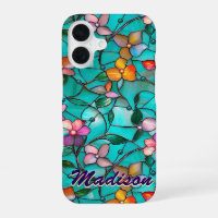 Luminous Purple Turquoise Stained Glass Floral