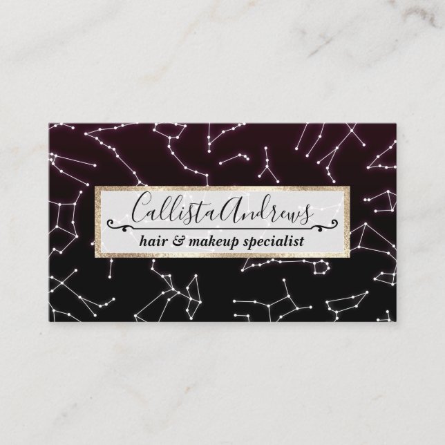 Luminous Purple White Zodiac Constellation Stars Business Card (Front)