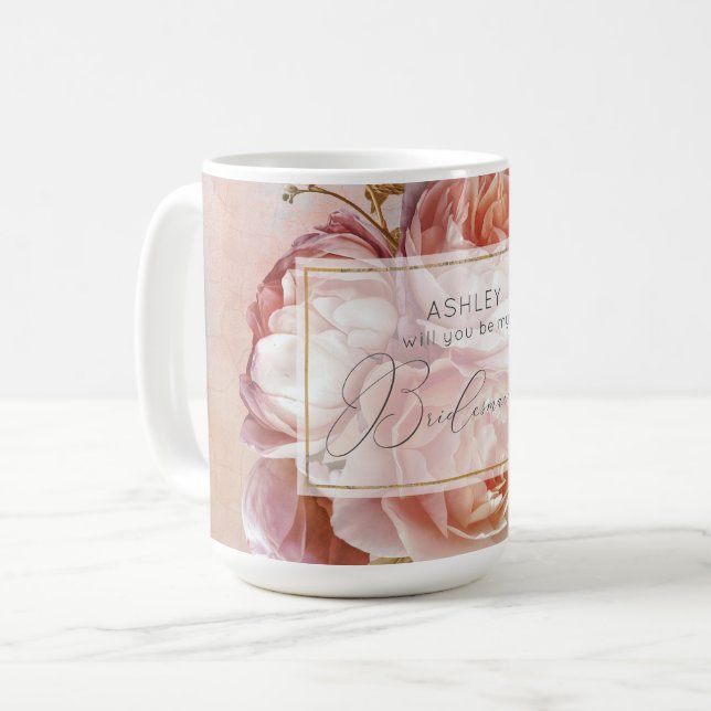 LUMINOUS ROSE Elegant Modern Floral Bridesmaid Coffee Mug (Front Left)