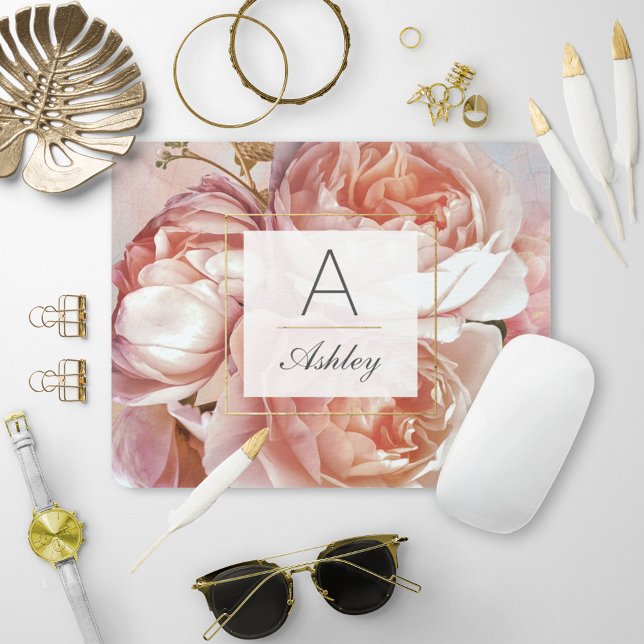 LUMINOUS ROSE Elegant Modern Floral Monogram Mouse Mat (Creator Uploaded)