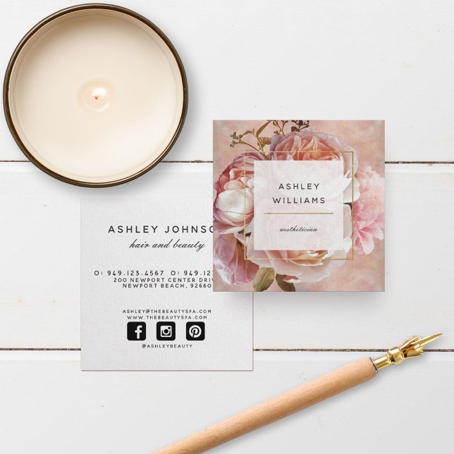 LUMINOUS ROSE & Peony Elegant Modern Floral Square Square Business Card (Creator Uploaded)
