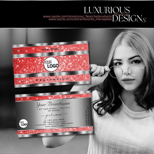 Luminous Ruby Red Glitter Stars and Logo Silver Business Card (Creator Uploaded)