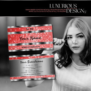 Luminous Ruby Red Glitter Stars Silver Decoration Business Card