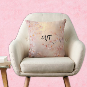 Luminous Sakura Cherry Blossom Branches Monogram Cushion