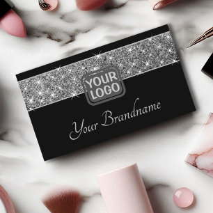 Luminous Silver Glitter Sparkle Stars Logo Black Business Card