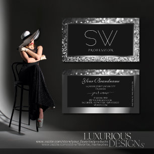 Luminous Silver Sparkle Glitter Monogram Black Business Card