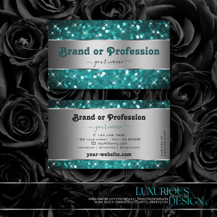 Luminous Teal Glitter Stars Decorative Silver Business Card