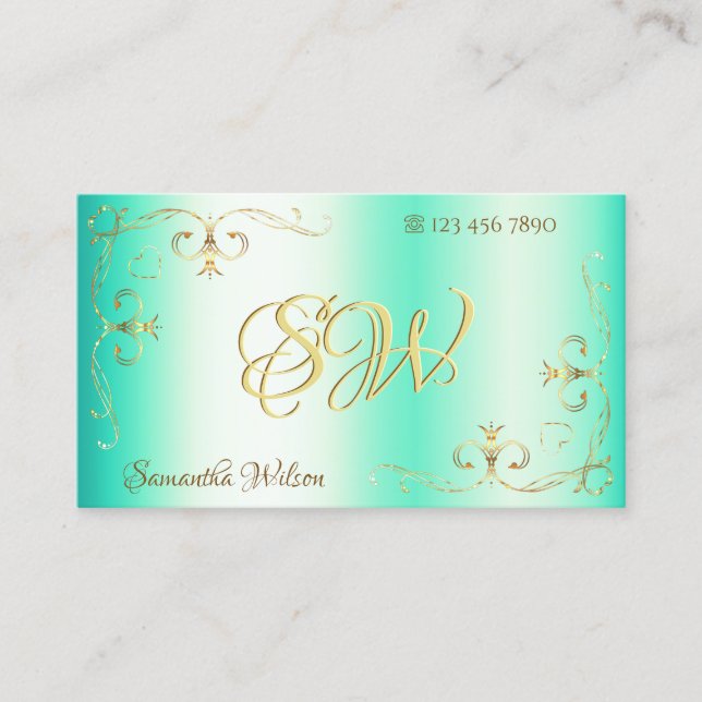 Luminous Teal Gold Ornate Corner Border Initials Business Card (Front)