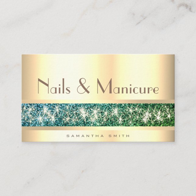 Luminous Teal Ombre Glitter Golden Nail Fashion Business Card (Front)