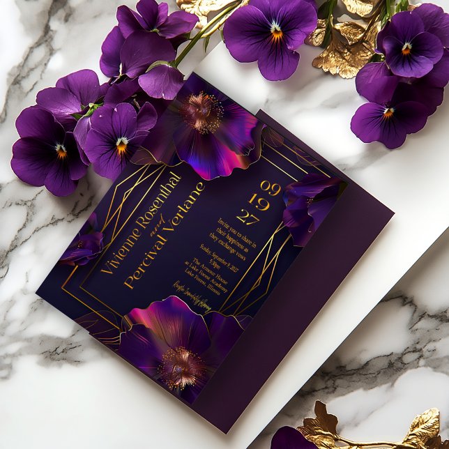 Luminous Violets Modern Purple Floral Wedding Invitation (Elegant Luminous Violet Purple Asymmetrical Frame Wedding Invitation )