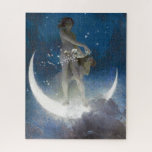 Luna Goddess at Night Scattering Stars Jigsaw Puzzle<br><div class="desc">High atop a crescent moon, its horns reaching like celestial fingers, stood Luna, the Moon Weaver. Unlike the mortals who saw only a silvery orb, Luna possessed a breathtaking beauty. Her form, sculpted from moonlight itself, shimmered with the echoes of countless prayers. A cascade of stardust flowed down her form,...</div>