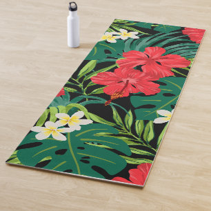 Luna Hibiscus Garden Hawaiian - Black and Red Yoga Mat