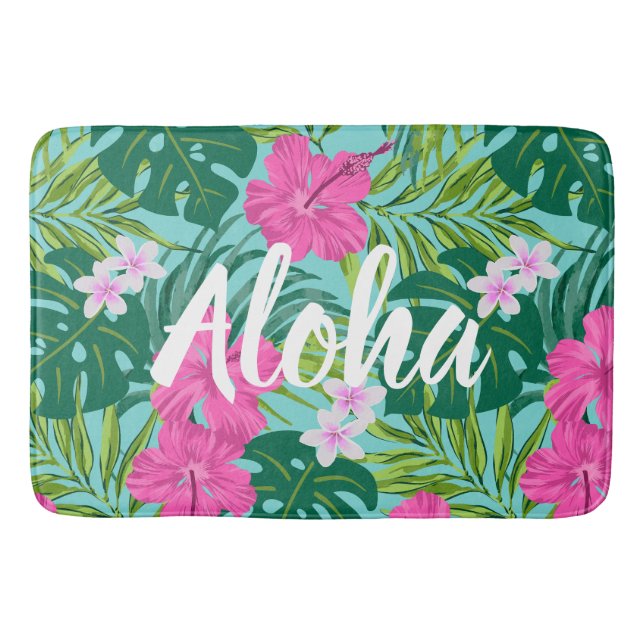 Luna Hibiscus Garden Hawaiian - Pink and Turq Bath Mat (Front)