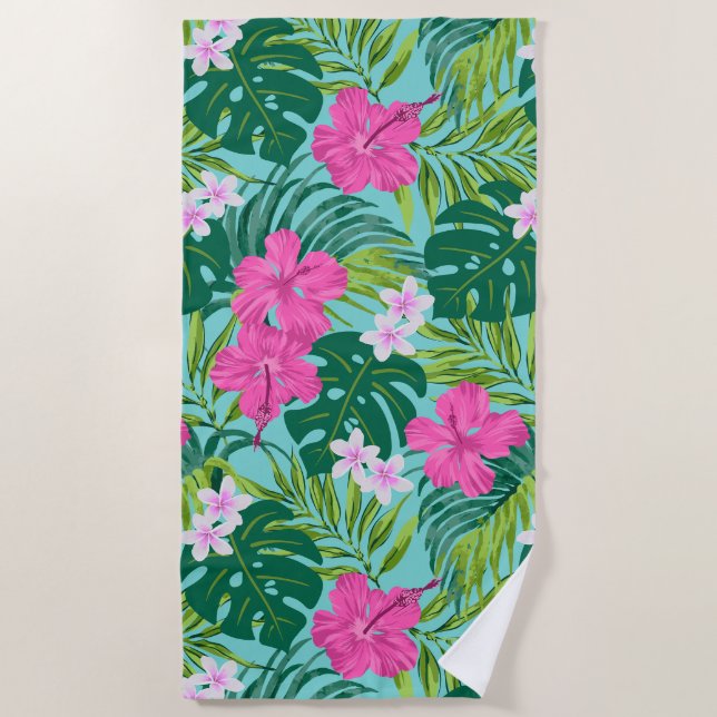 Luna Hibiscus Garden Hawaiian - Pink and Turq Beach Towel (Front)