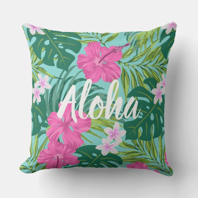 Luna Hibiscus Garden Hawaiian - Pink and Turq Cushion (Front)
