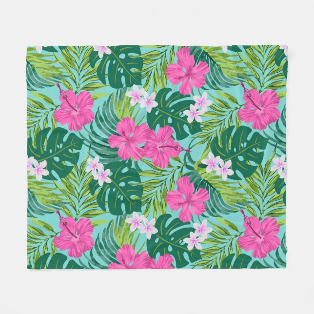 Luna Hibiscus Garden Hawaiian - Pink and Turq Fleece Blanket (Front (Horizontal))
