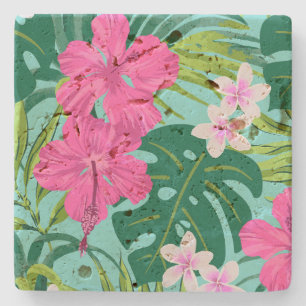 Luna Hibiscus Garden Hawaiian - Pink and Turq Stone Coaster