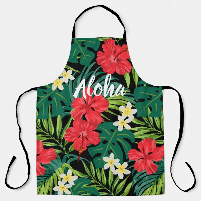 Luna Hibiscus Garden Hawaiian - Red and Black Apron (Front)