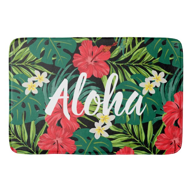 Luna Hibiscus Garden Hawaiian - Red and Black Bath Mat (Front)