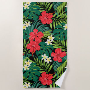 Luna Hibiscus Garden Hawaiian - Red and Black Beach Towel