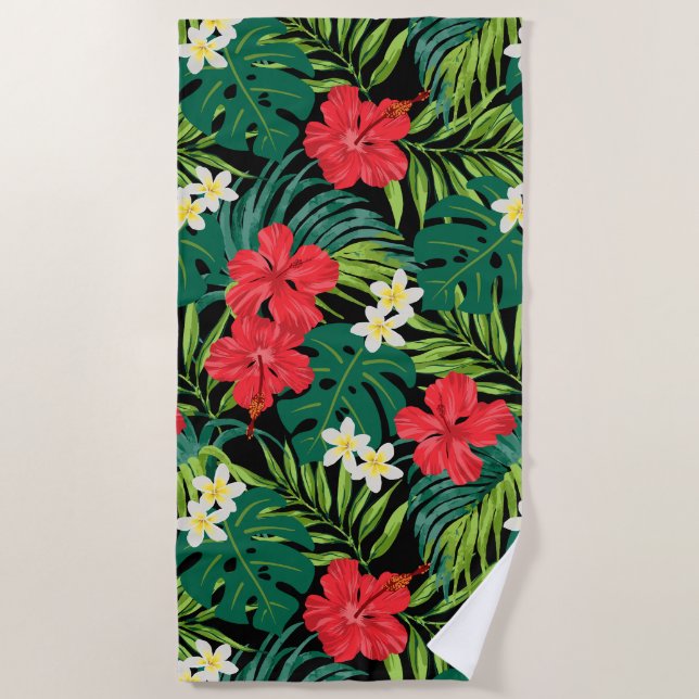 Luna Hibiscus Garden Hawaiian - Red and Black Beach Towel (Front)