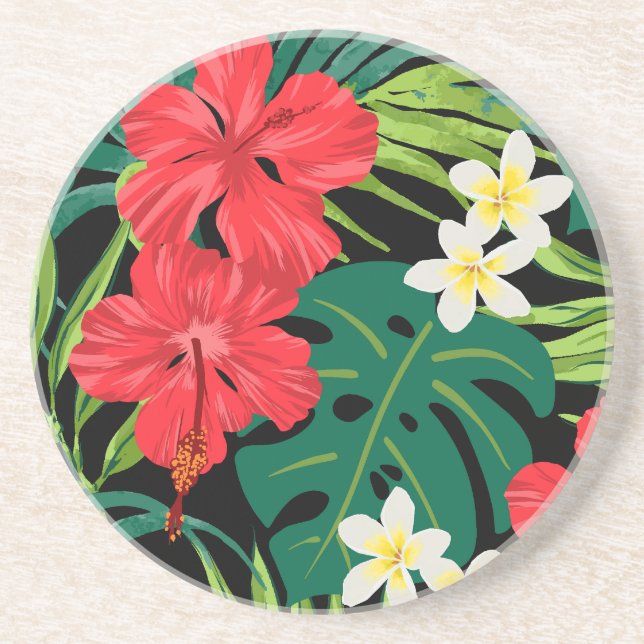 Luna Hibiscus Garden Hawaiian - Red and Black Coaster (Front)