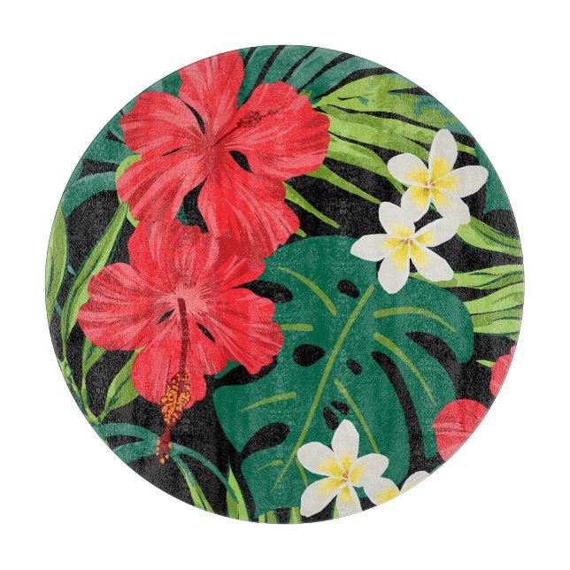 Luna Hibiscus Garden Hawaiian - Red and Black Cutting Board (Front)