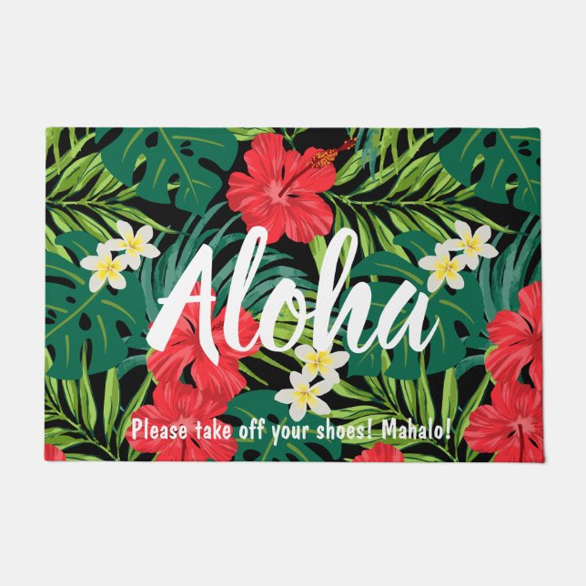 Luna Hibiscus Garden Hawaiian - Red and Black Doormat (Front)