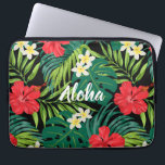 Luna Hibiscus Garden Hawaiian - Red and Black Laptop Sleeve<br><div class="desc">Red, Evergreen, Lime, Yellow and Black colorway. Hibiscus and plumeria flowers dance over a backdrop of monstera and palms leaves. These flowers are commonly used in apparel for aloha shirt and muu muus creating a design reminiscent of the Hawaiian prints of the 50s and 60s. Customise the word- keep Aloha...</div>