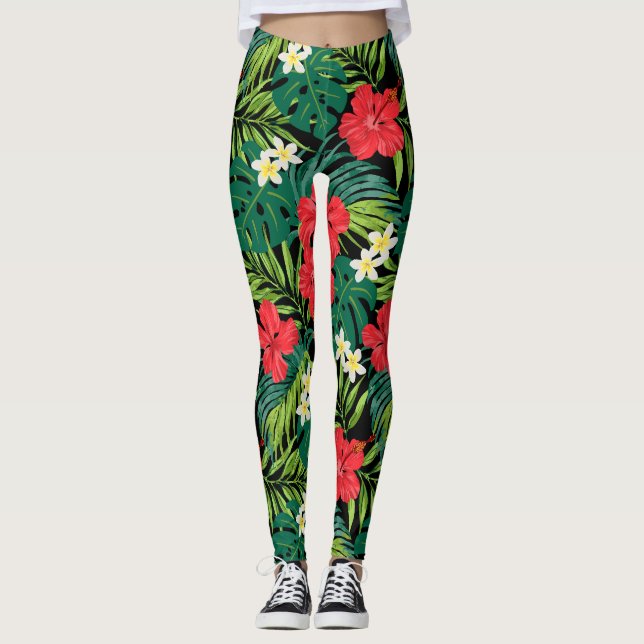 Luna Hibiscus Garden Hawaiian - Red and Black Leggings (Front)