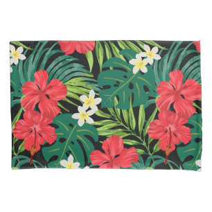 Luna Hibiscus Garden Hawaiian - Red and Black Pillowcase