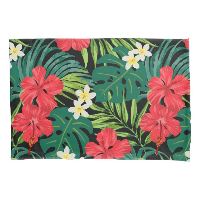 Luna Hibiscus Garden Hawaiian - Red and Black Pillowcase (Front)