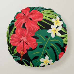 Luna Hibiscus Garden Hawaiian - Red and Black Round Cushion