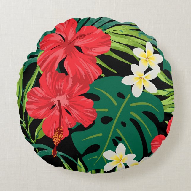 Luna Hibiscus Garden Hawaiian - Red and Black Round Cushion (Front)
