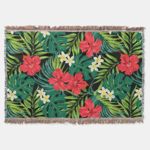 Luna Hibiscus Garden Hawaiian - Red and Black Throw Blanket