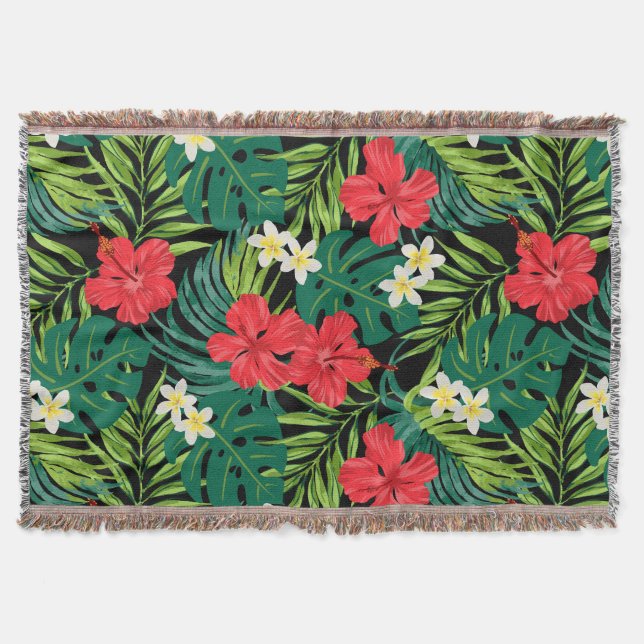 Luna Hibiscus Garden Hawaiian - Red and Black Throw Blanket (Front)