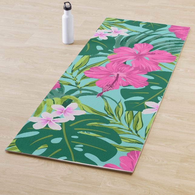 Luna Hibiscus Garden Hawaiian - Turq and Pink Yoga Mat (In Situ)