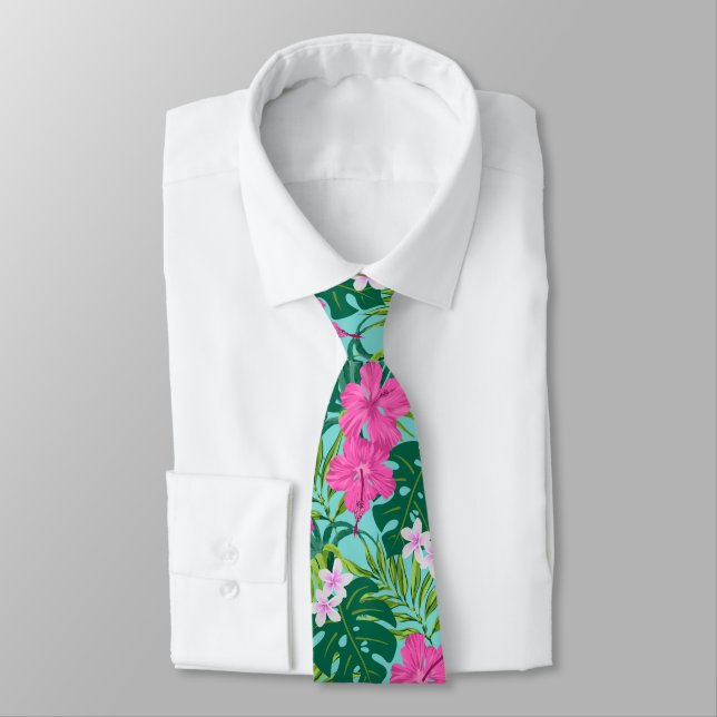 Luna Hibiscus Garden Hawaiian - Turquoise and Pink Tie (Tied)