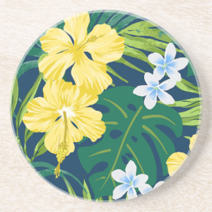 Luna Hibiscus Garden Hawaiian - Yellow and Navy Coaster