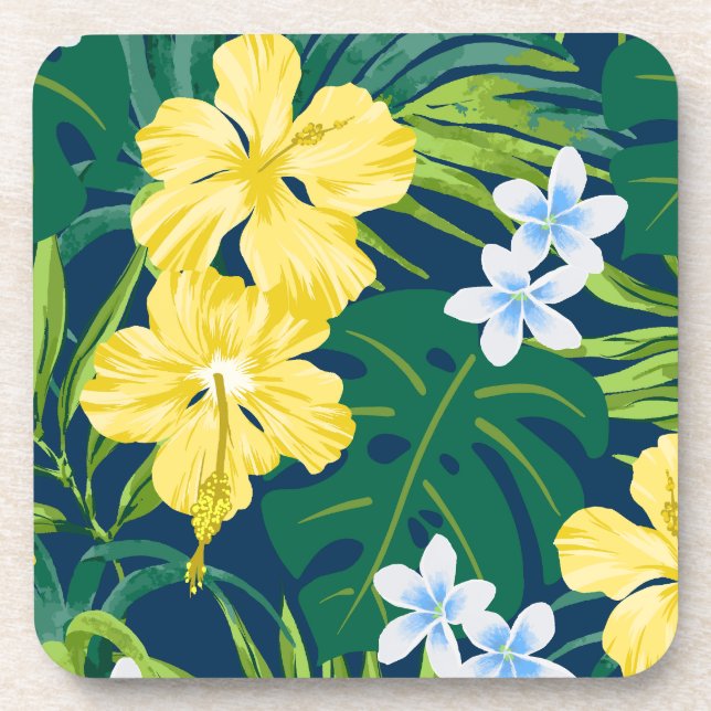 Luna Hibiscus Garden Hawaiian - Yellow and Navy Coaster (Front)