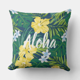 Luna Hibiscus Garden Hawaiian - Yellow and Navy Cushion