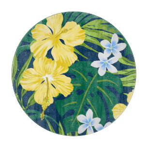 Luna Hibiscus Garden Hawaiian - Yellow and Navy Cutting Board