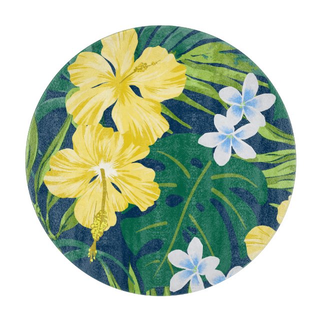 Luna Hibiscus Garden Hawaiian - Yellow and Navy Cutting Board (Front)