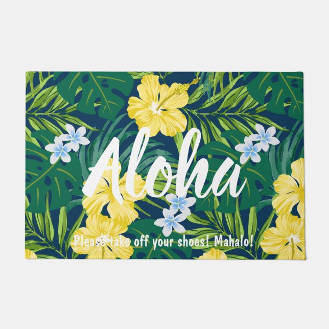 Luna Hibiscus Garden Hawaiian - Yellow and Navy Doormat (Front)