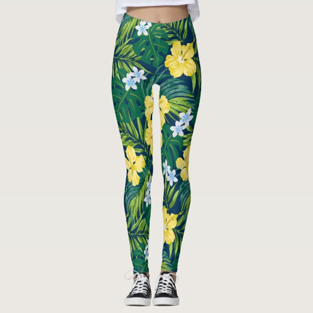 Luna Hibiscus Garden Hawaiian - Yellow and Navy Leggings (Front)