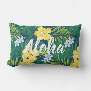 Luna Hibiscus Garden Hawaiian - Yellow and Navy Lumbar Cushion