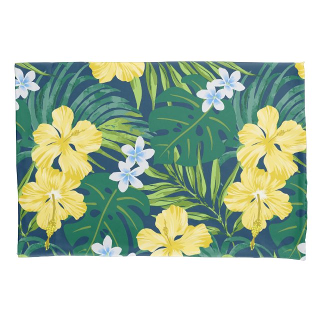 Luna Hibiscus Garden Hawaiian - Yellow and Navy Pillowcase (Front)